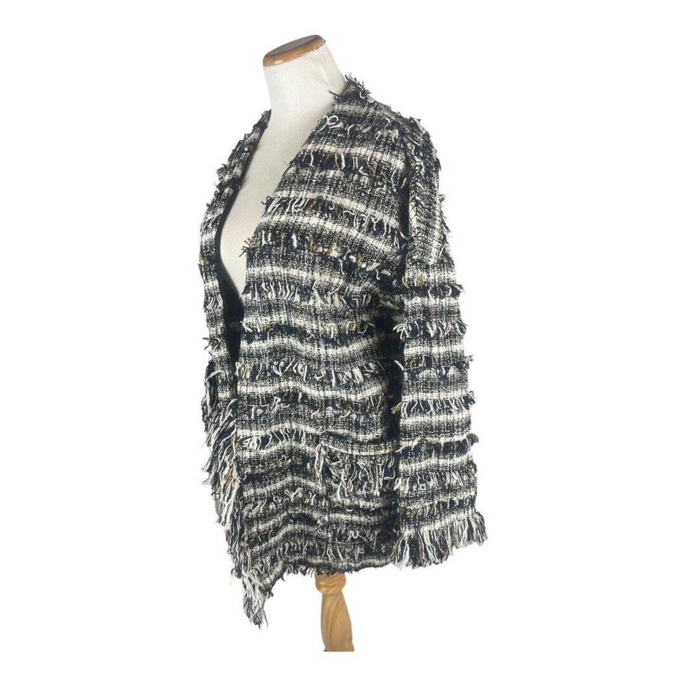 Zara Tweed Open Front Fringe Navy Blazer Jacket S‎ Oversized - Picture 4 of 6